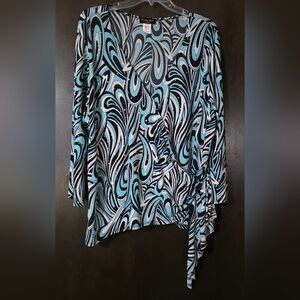 Brittany Black--Black, White & Light Blue Paisley Faux-wrap Top Women's Size 2X